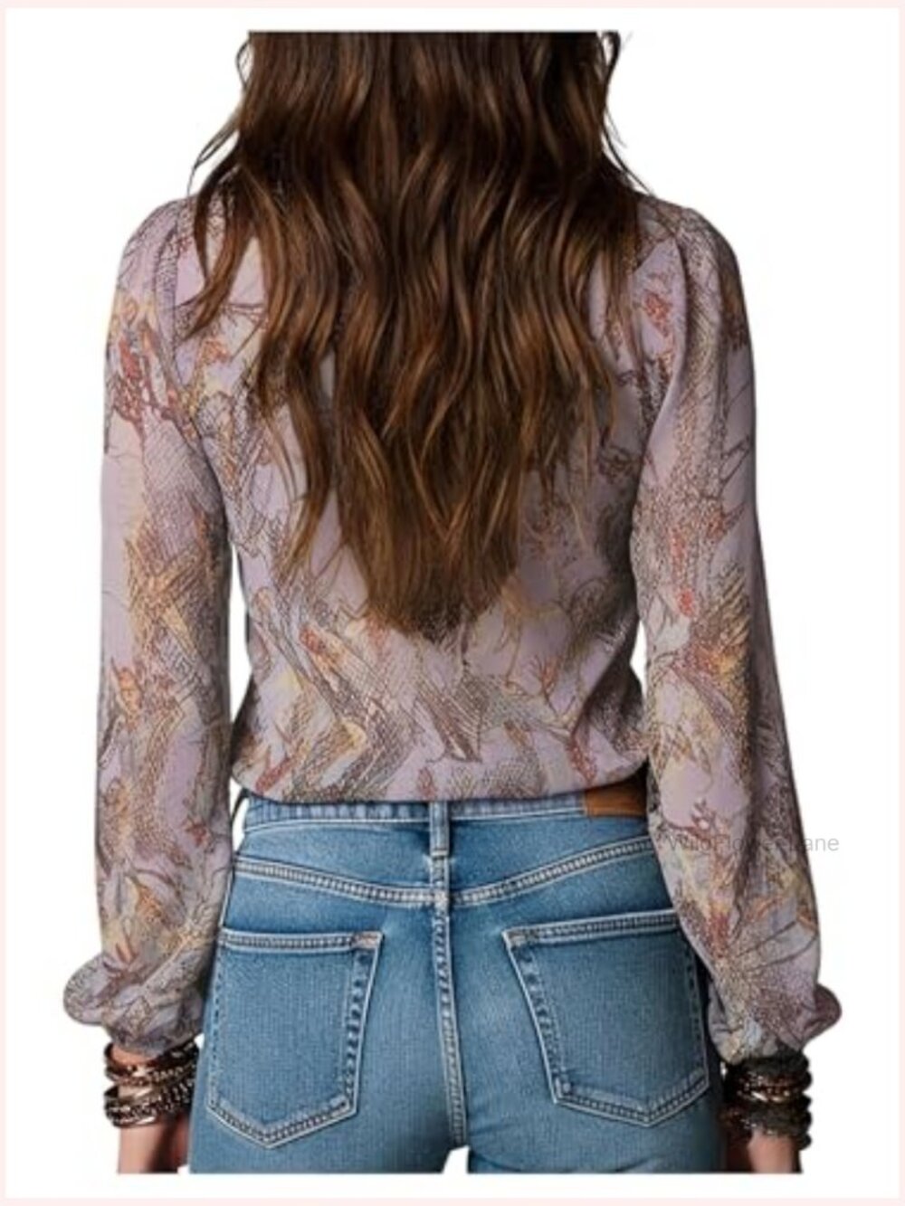 Ruffle V Neck Blouse Printed Zip Up Lantern Long Sleeve Chiffon Top - Picture 2 of 5
